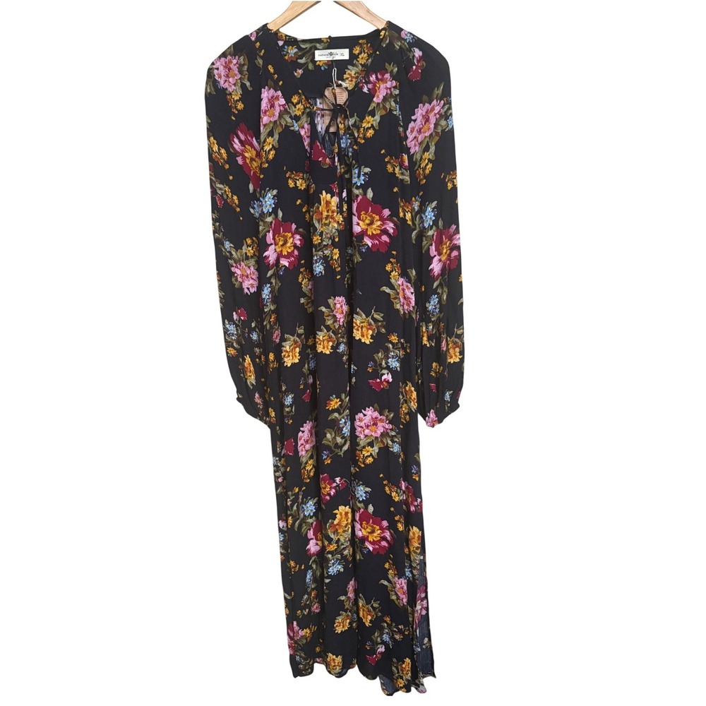 NWT Natural Life Floral Maxi Dress XL Black Boho Long Sleeve LHDRS944